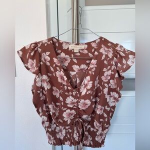 Monteau Brown Floral Blouse. Size M - Like New
